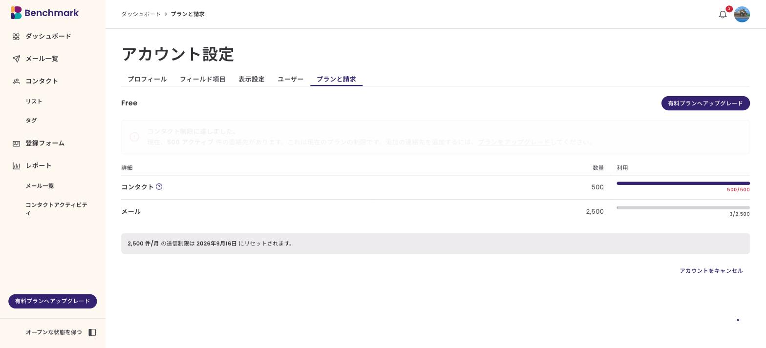 Benchmark Emailのプランと請求画面。メール上限2,500・2026年9月16日にリセット