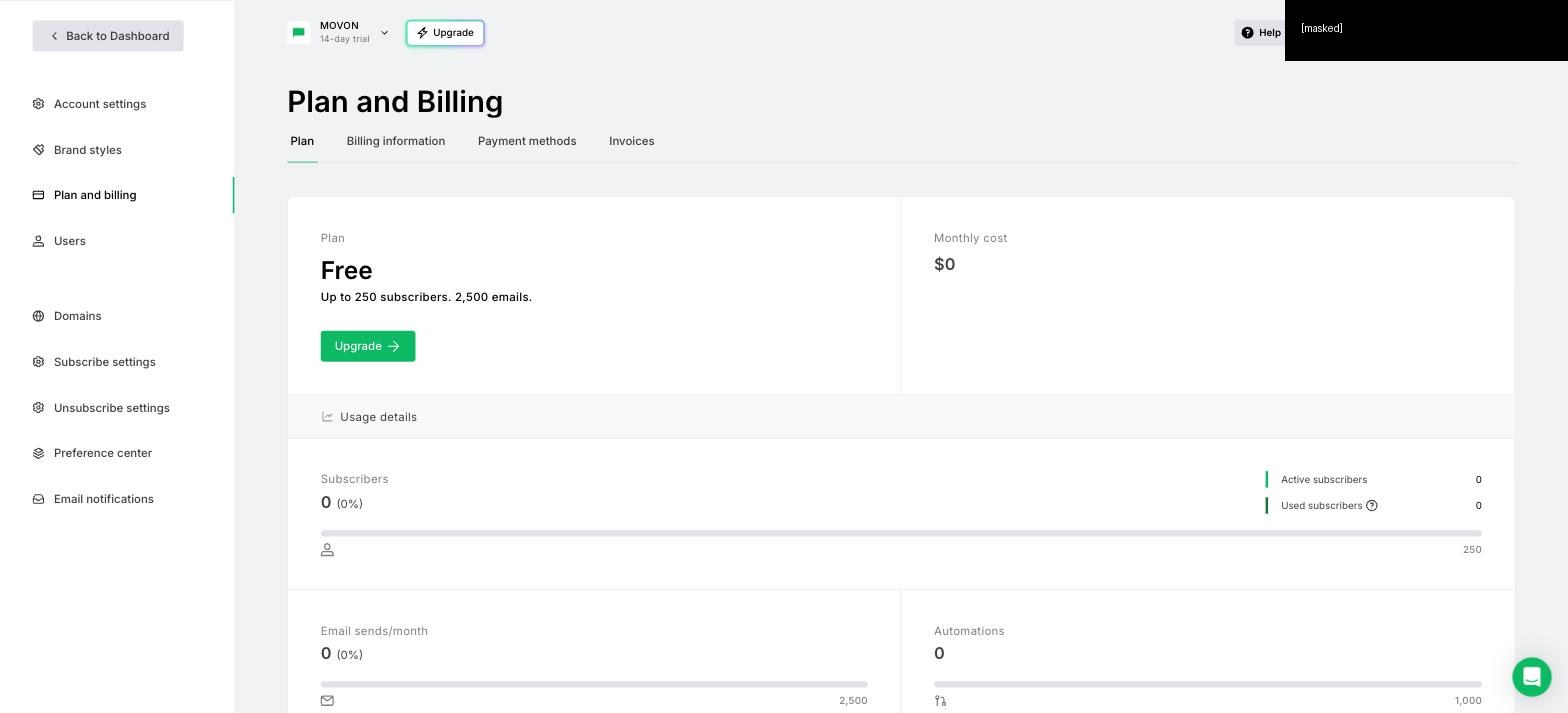 MailerLiteのPlan and Billingの画面。プランはFree・250購読者・2,500通・Monthly cost $0