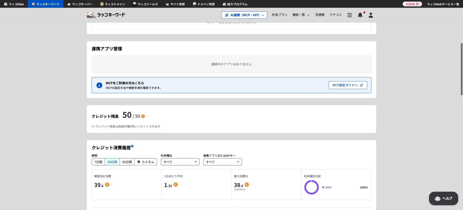 ラッコキーワードのクレジット残高が月曜0時通過後に50/50へ回復した画面